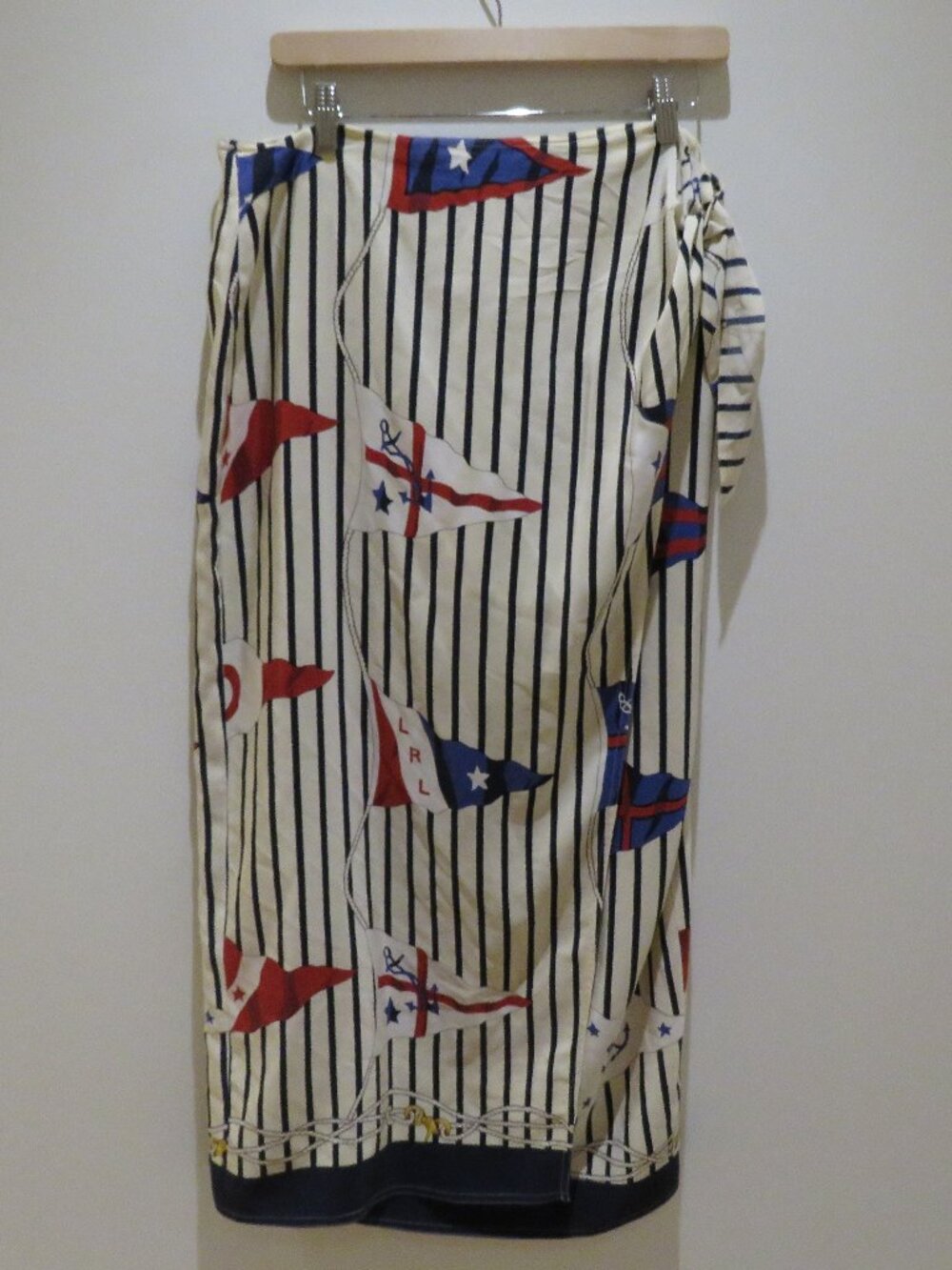 VINTAGE LAUREN RALPH LAUREN Silk Nautical Flag Wrap Skirt US 16 Coastal Preppy - Picture 2 of 14